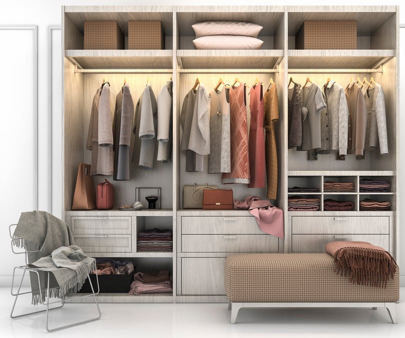 3d rendering minimal scandinavian wood walk in closet with wardrobe